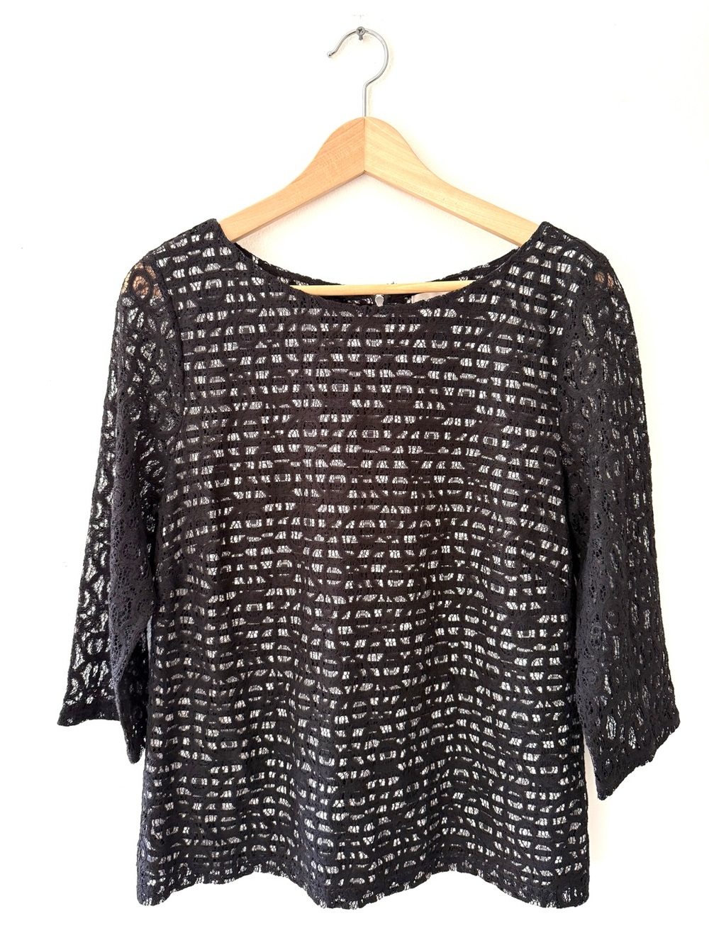 Banana Republic Black Lace Stripe Sheer 3/4 Sleeve Blouse Sz 12 Coquette Career
